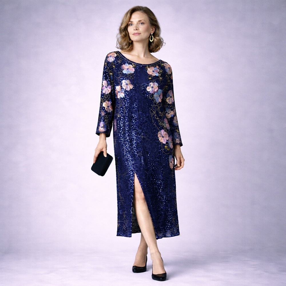 Vintage Beaded Sequin Silk Dress | Navy Floral | Size L